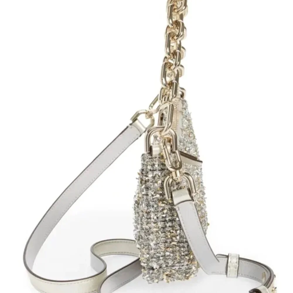 Kate Spade Smile Small Crossbody Silver Tweed Metallic Leather Chain Top Handle - Picture 7 of 12